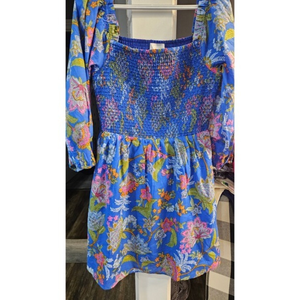 Vivid Blue cottagecore boho floral Smocked Mini Dress Long Puff Sleeve Womens L - Picture 6 of 9